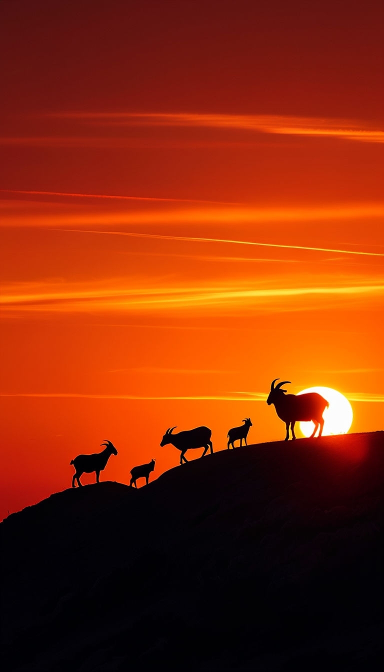 Silhouetted Animals at Sunset Over Dramatic Landscape Mobile Wallpaper