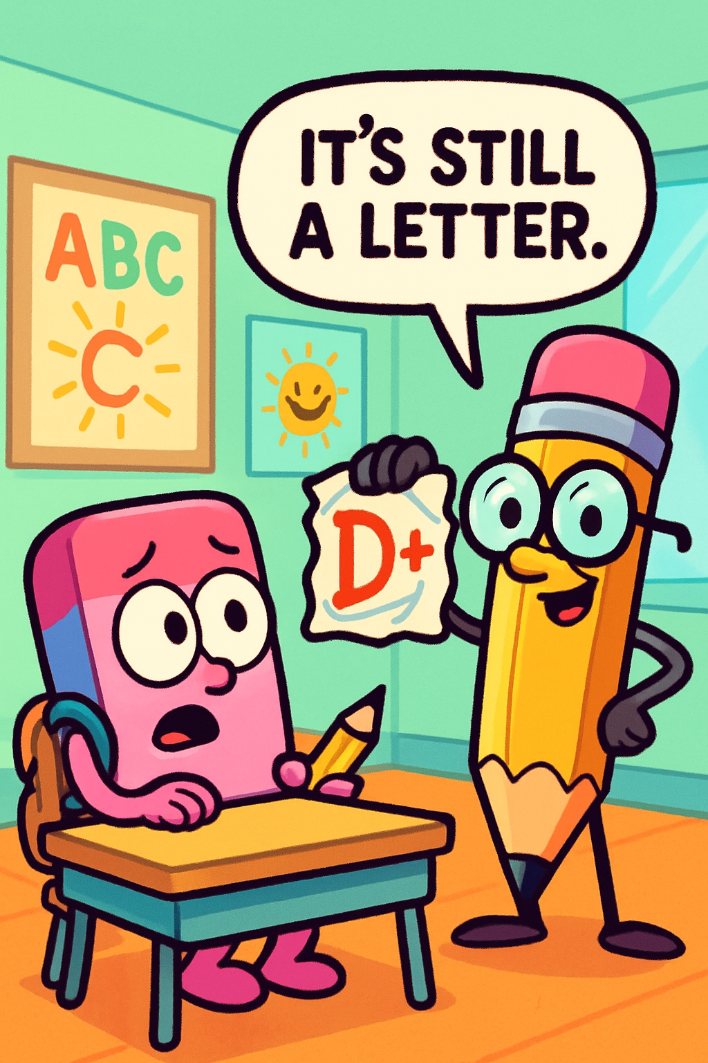 Comedic Classroom Cartoon with Eraser and Pencil Characters Sticker