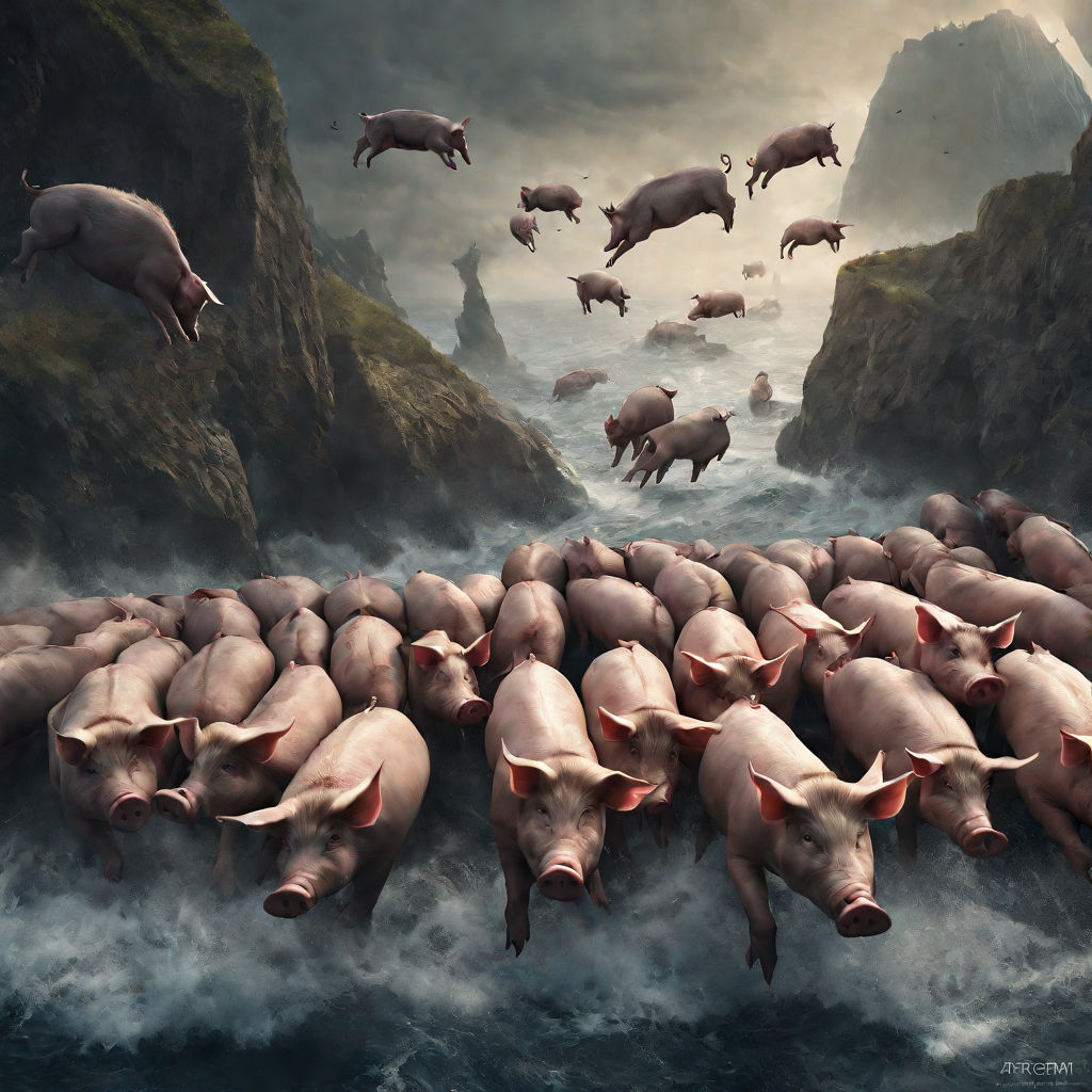 A large herd of pigs jumping of a cliff at the sea A... by Cesar Sasso ...