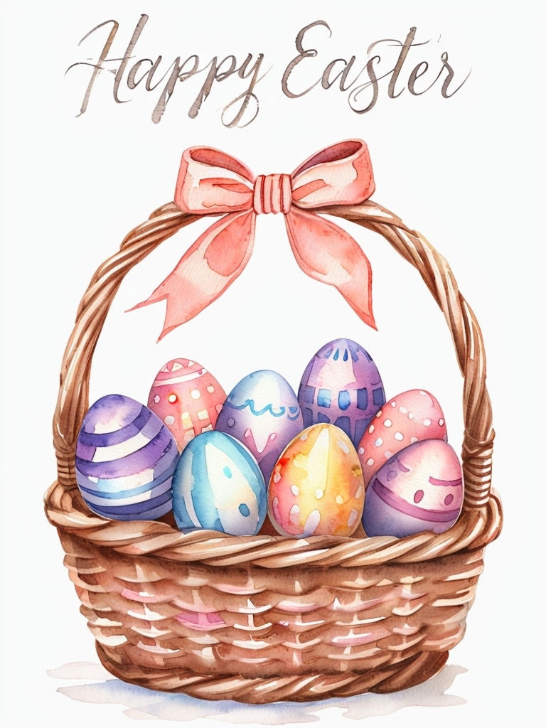 Cheerful Watercolor Easter Basket with Colorful Eggs Card