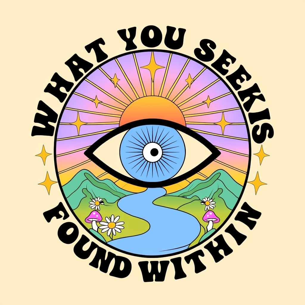 Psychedelic Eye with Rainbow and Stars Illustration T-Shirt