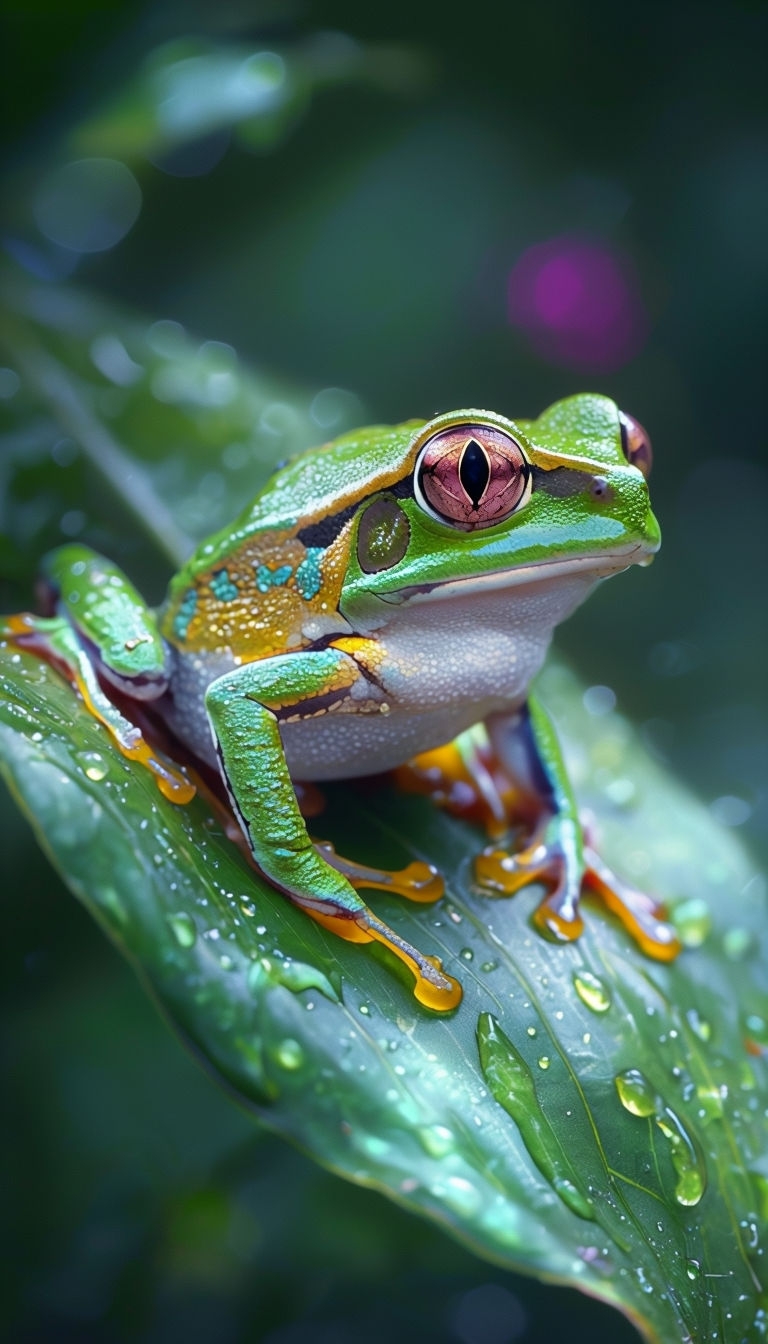 Vibrant Tree Frog on Emerald Leaf with Dewy Details Mobile Wallpaper