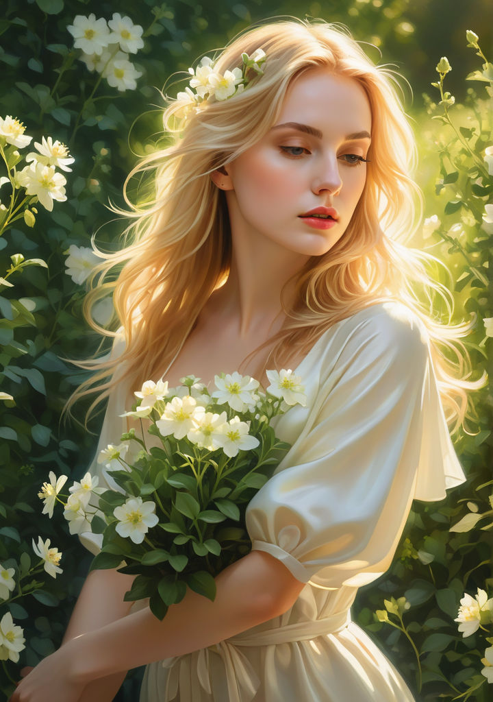 Prompt:  Macro landscape painting captures young greenery bathed in sunlight from above, pale flowers in sharp focus against a light background, 16K resolution, ultra-sharp detail, masterpiece with golden hour illumination, volumetric lighting effects.