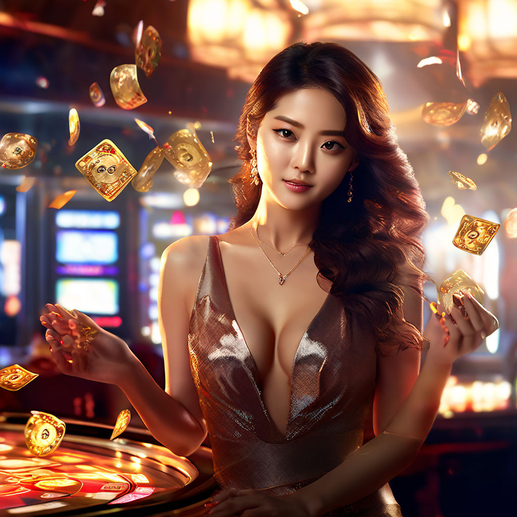 A luxurious casino scene featuring an elegant Korean woman, who is accentuated by her generous bust, gracefully throwing glittering casino dice under the warm, ambient lighting, octane rendering, dramatic highlight, ultra clear details, realistic style, vivid colors, golden ratio.