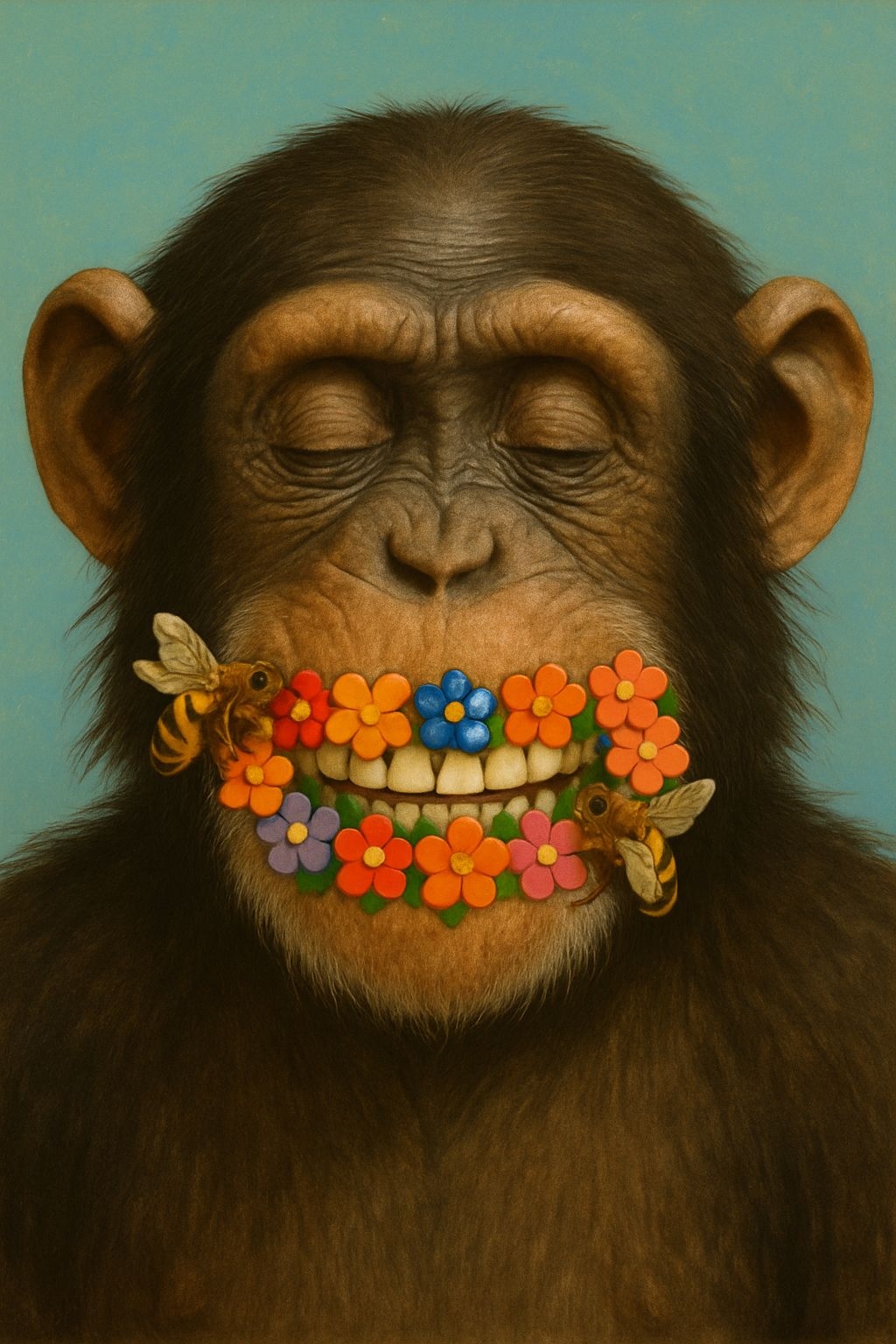Whimsical Chimpanzee Portrait with Colorful Floral Halo Art