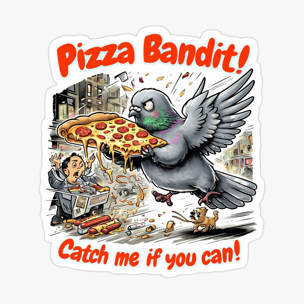 Pizza Bandit Cartoon Pigeon in Flight Sticker