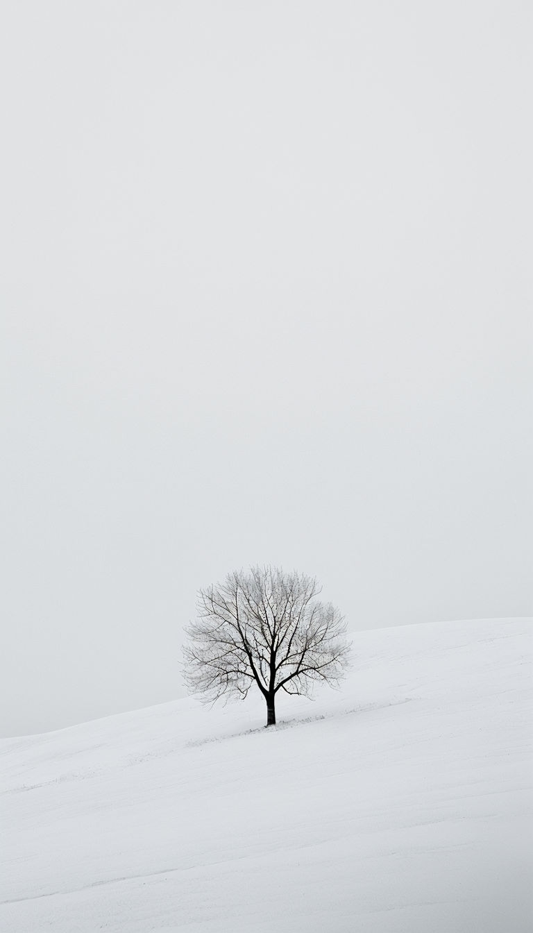 Minimalist Black and White Tree in Serene Snowy Landscape Mobile Wallpaper