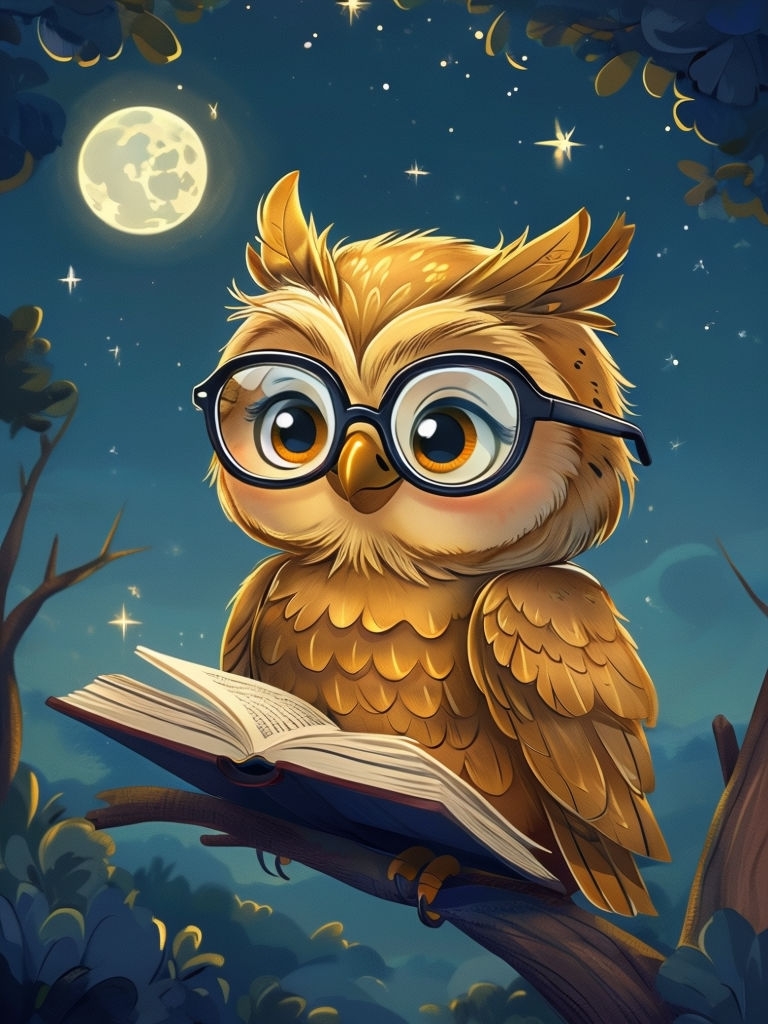 Wise Owl Reading a Book Under the Stars Illustration Art