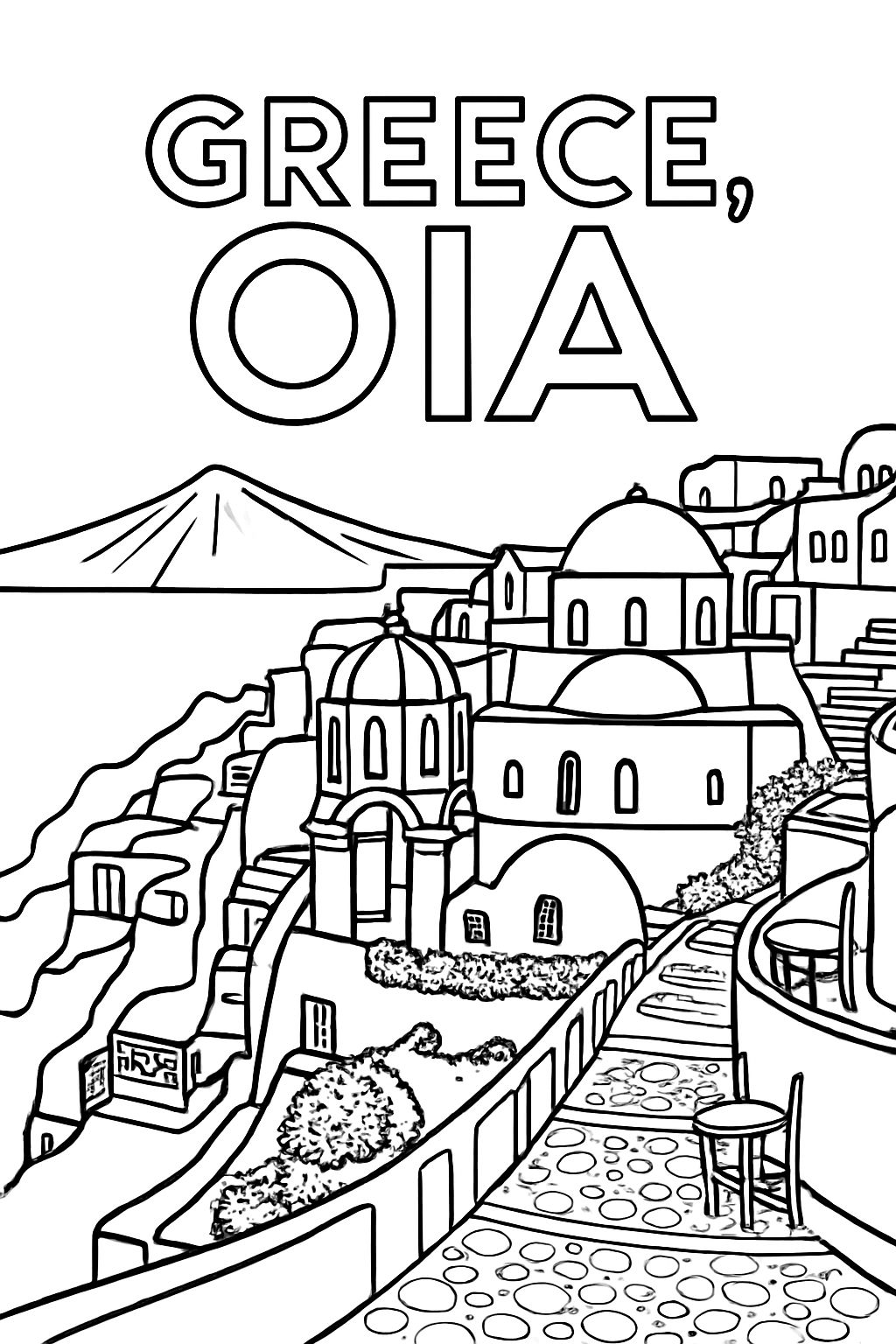 Scenic Black and White Oia Greek Village Line Drawing Coloring Book Pages
