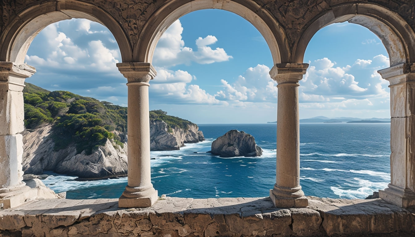 Serene Coastal Landscape Through Stone Arches Virtual Backgrounds