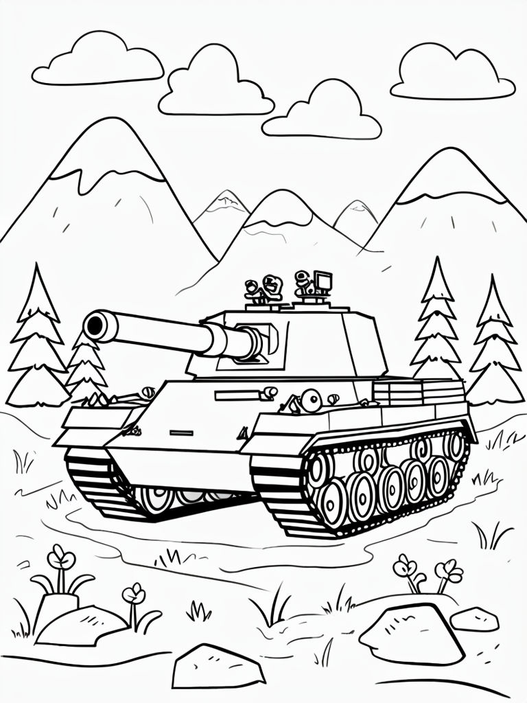 Playful Black and White Tank Landscape Illustration for Coloring Book Pages