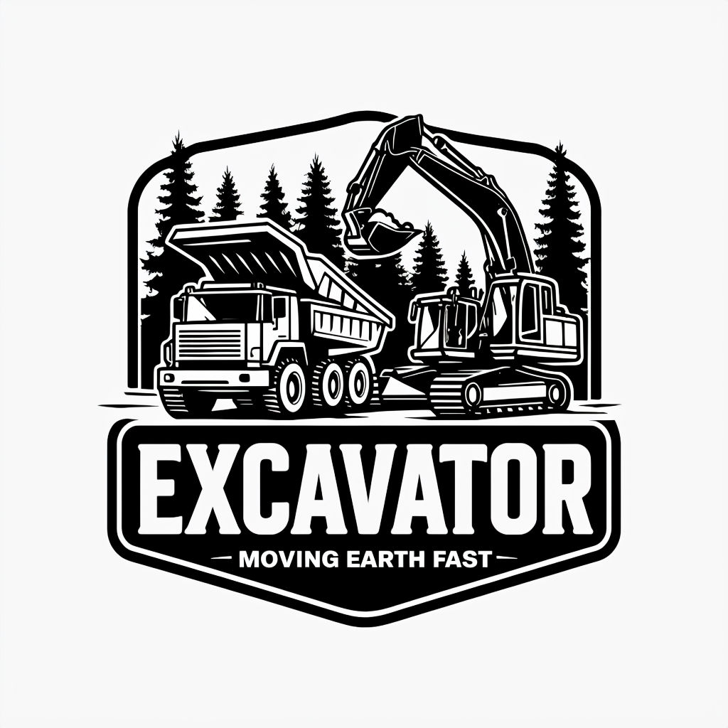 Bold Black and White Excavator Logo with Construction Vehicles