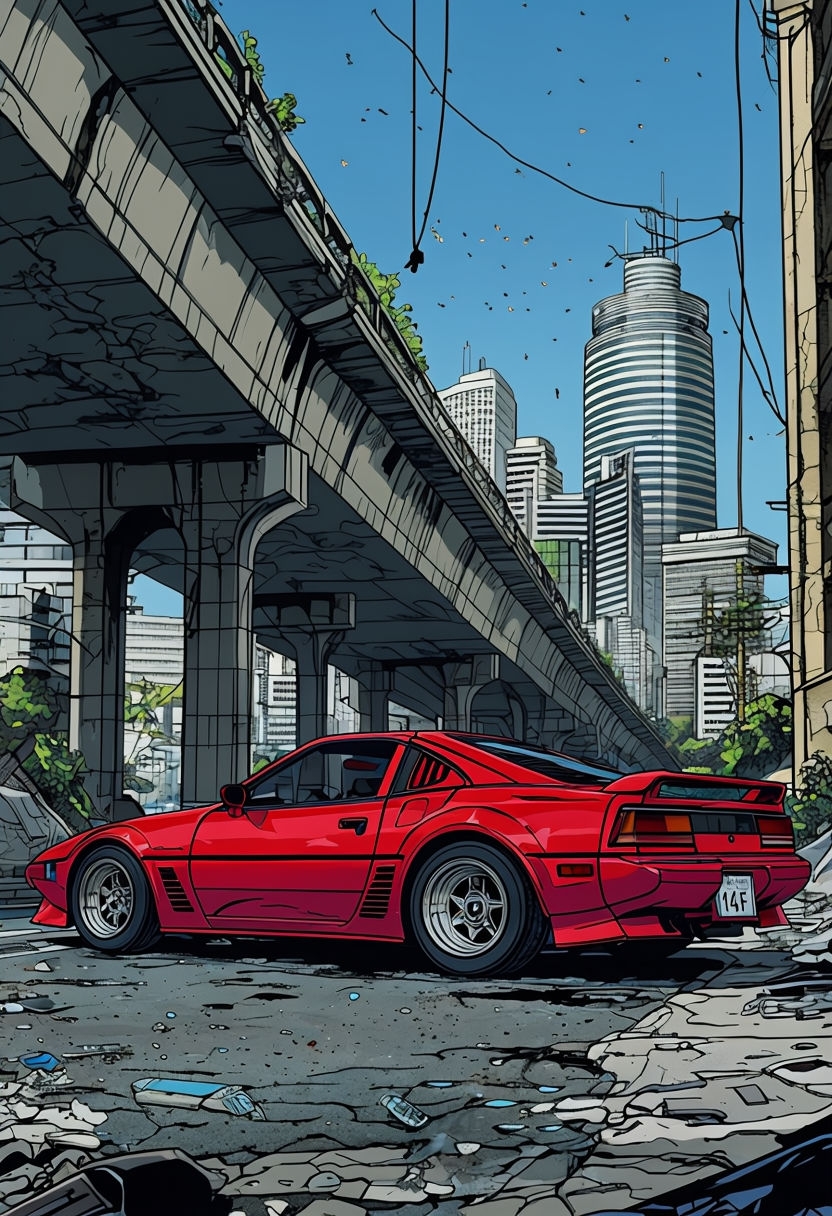 Vibrant Red 1980s Japanese Sports Car Urban Art Poster