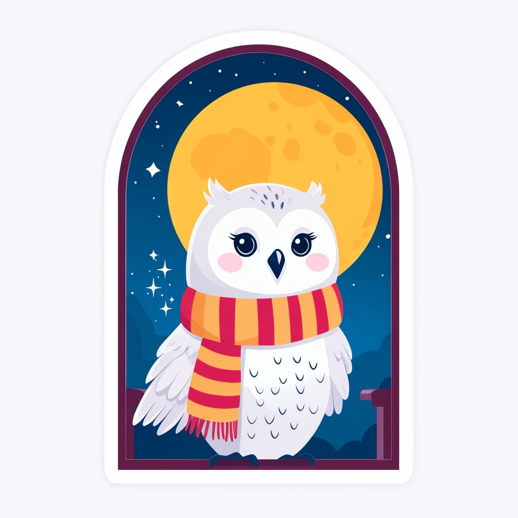 Adorable Cartoon Owl with Scarf and Moon Window Sticker