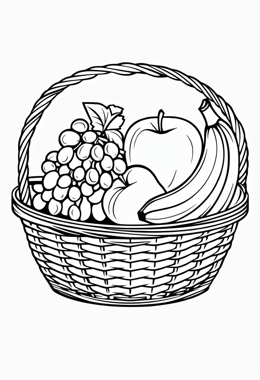 Black and White Line Drawing of Fresh Fruit in a Basket Coloring Book Page