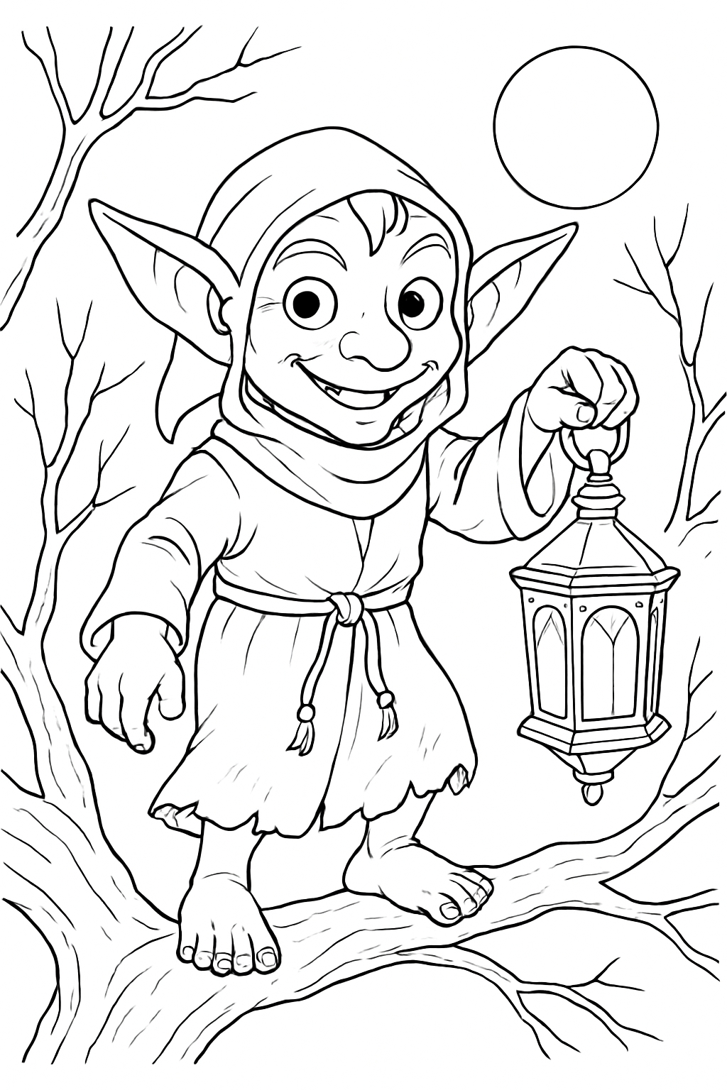Cheerful Elf Character on Tree Branch Fantasy Coloring Page