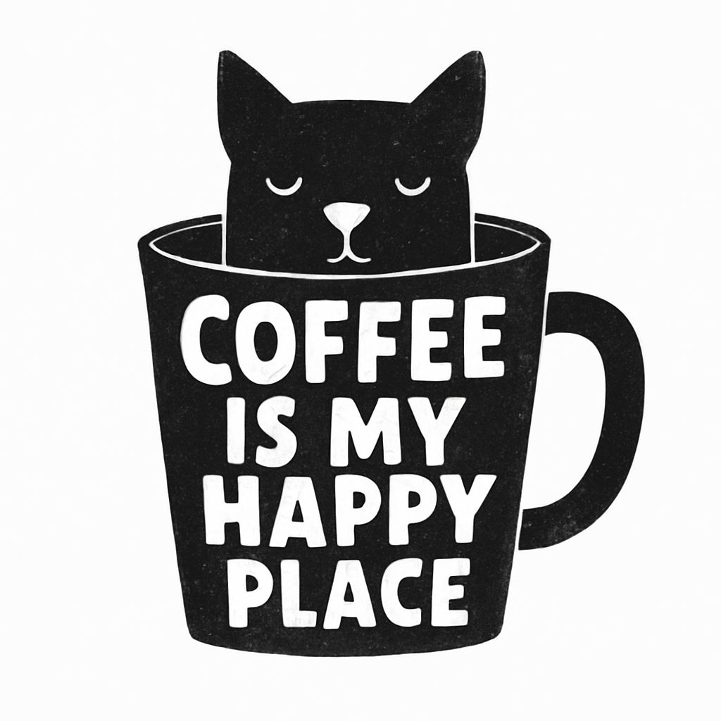 Minimalist Cat in Coffee Mug Illustration with Text Sticker