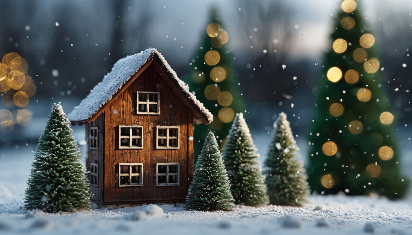 Festive Winter Scene with Cozy House and Evergreen Trees Background