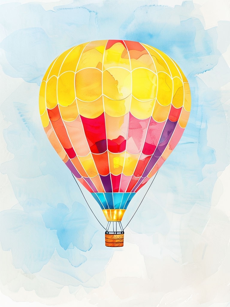 Colorful Hot Air Balloon Floating in a Bright Blue Sky Art