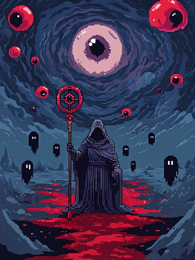 Ominous Hooded Figure with Red Eye Pixel Art Poster