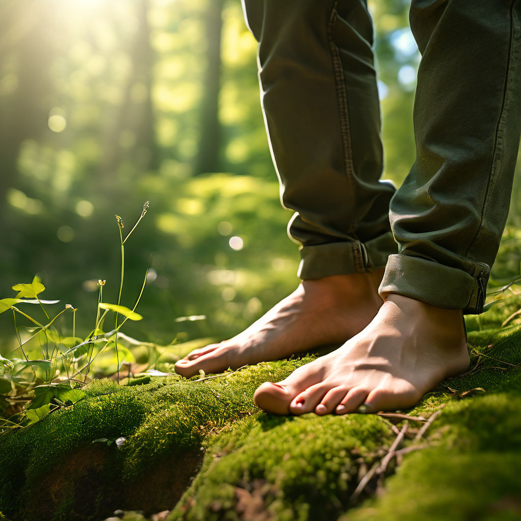 Male bare feet intertwined with blades of green grass in a f... by ...