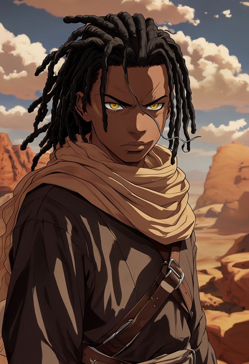 Epic Anime Character Portrait with Golden Eyes in Desert Landscape Art