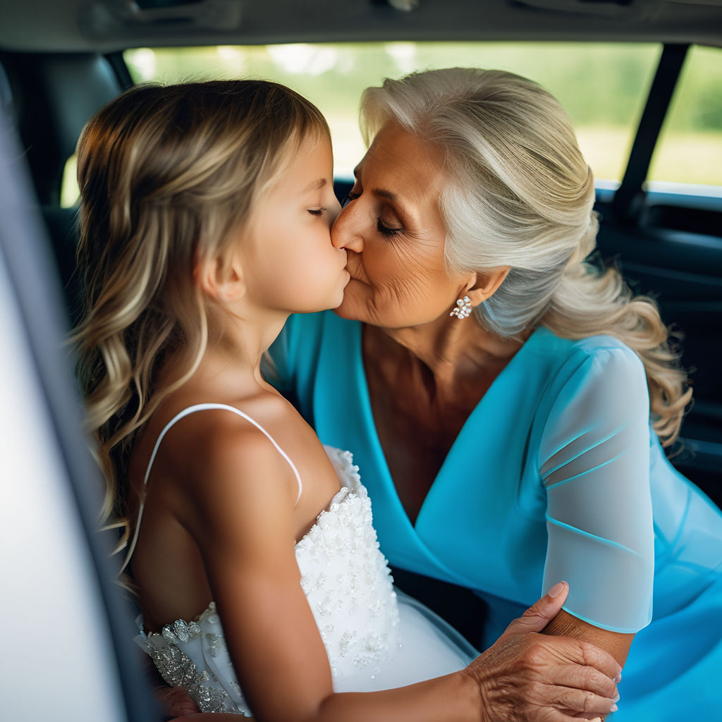 Older woman kissing gorgeous young girl