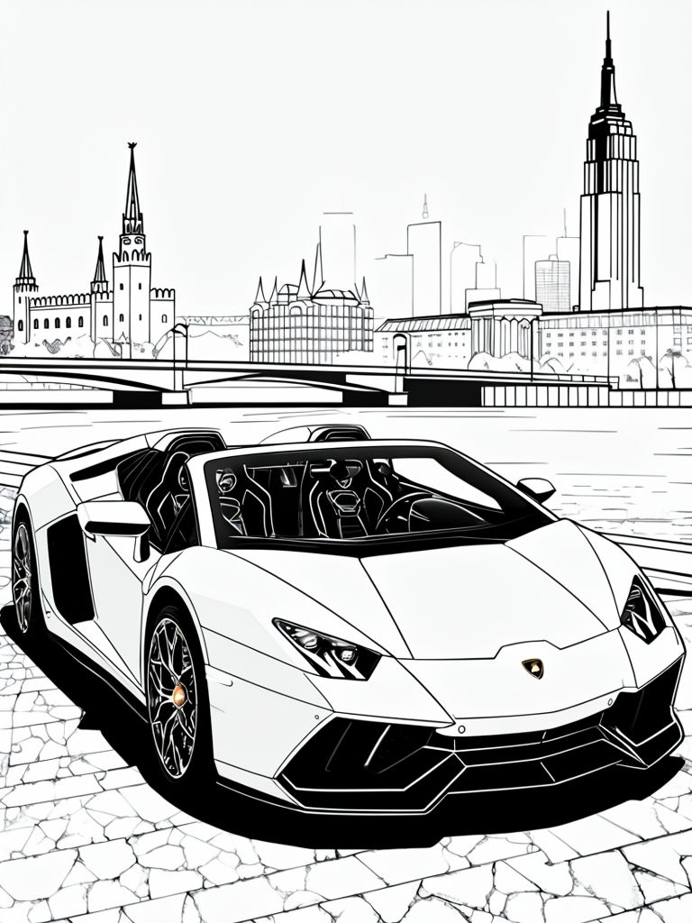 Luxury Sports Car Coloring Page with Cityscape Background Art