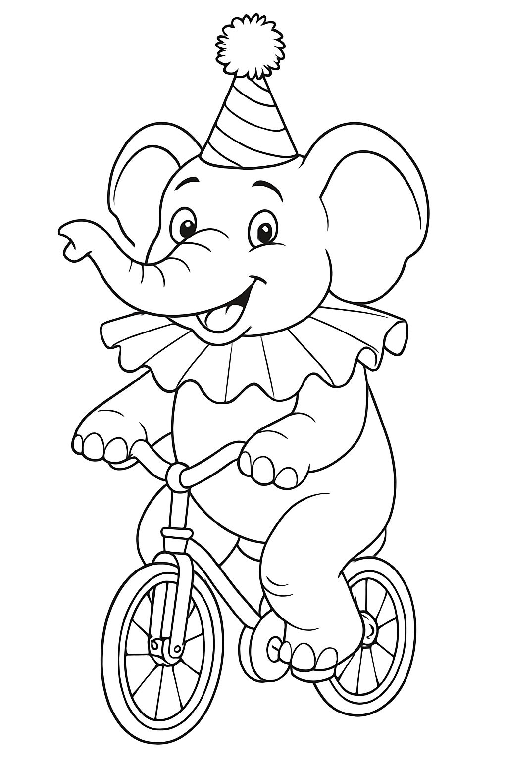 Playful Cartoon Elephant Riding Bicycle Coloring Book Page