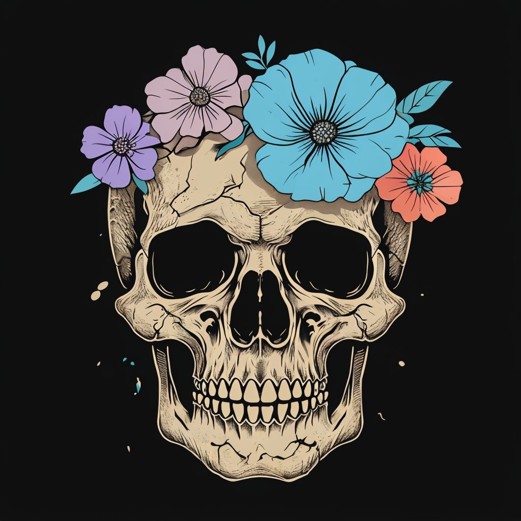 Beige Skull with Colorful Flowers Illustration T-Shirt