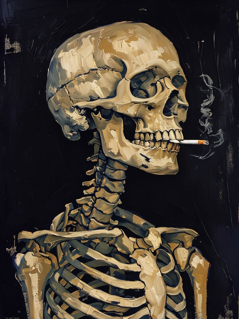 Eerie Alabaster Skeleton Painting in Van Gogh Style Art
