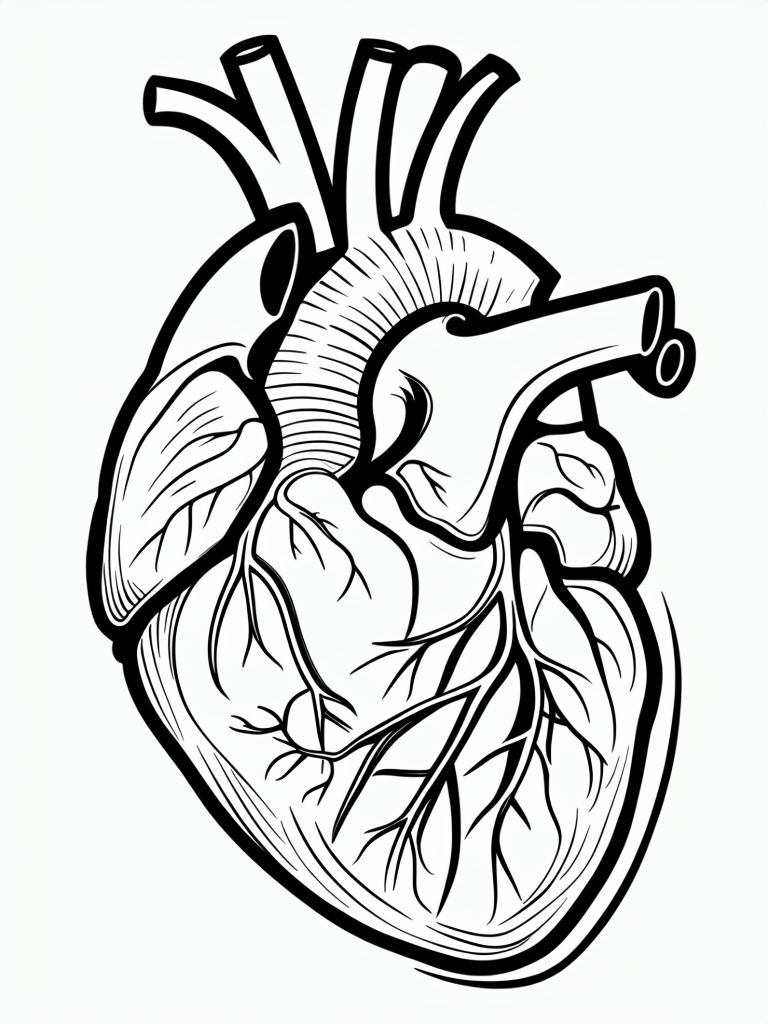 Anatomically Accurate Black and White Heart Illustration Coloring Book Pages