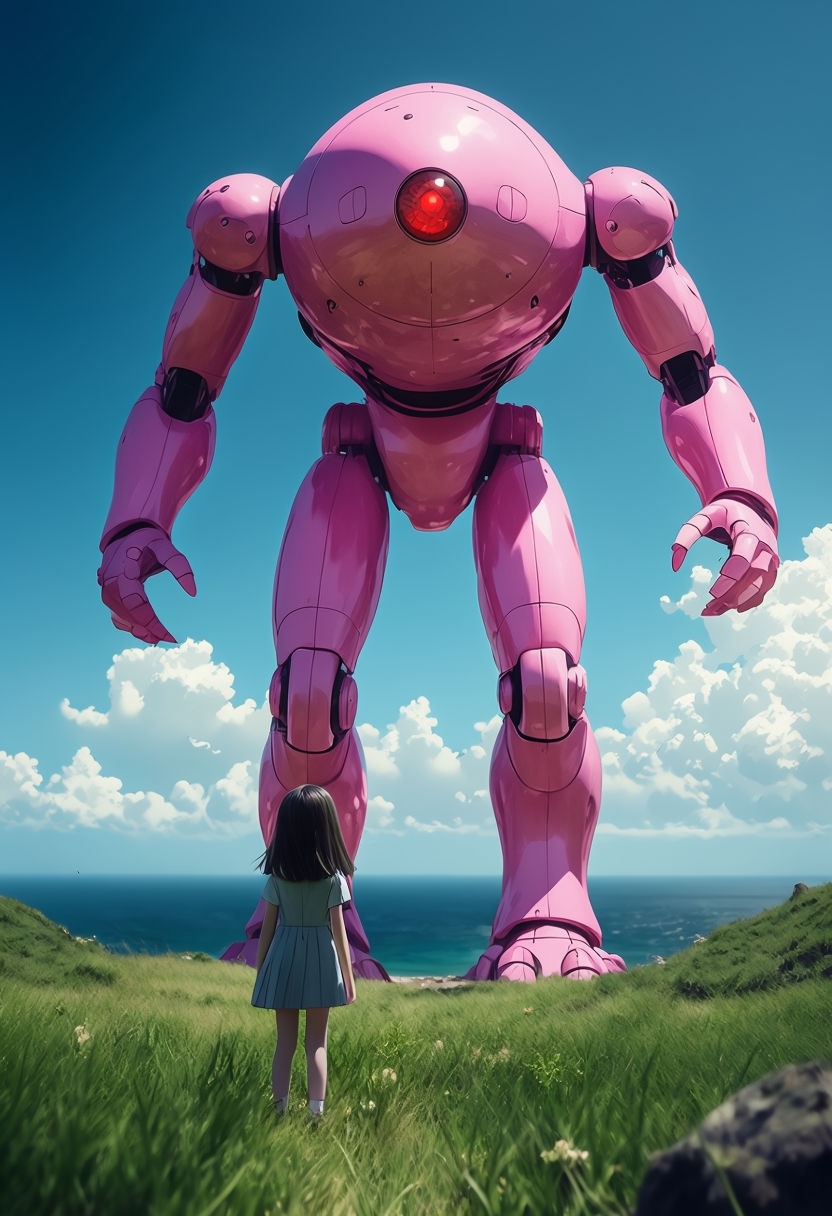Giant Pink Biomechanical Monster Confronts Girl in Vibrant Art