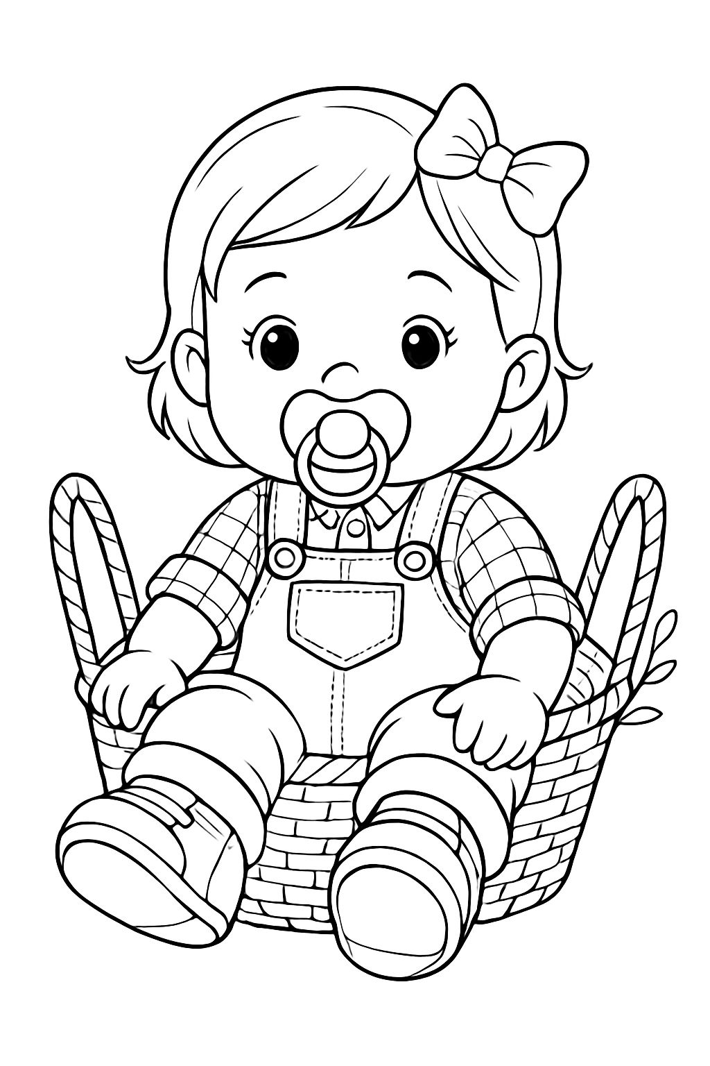 Cute Baby in Woven Basket Black and White Line Drawing Coloring Book Pages