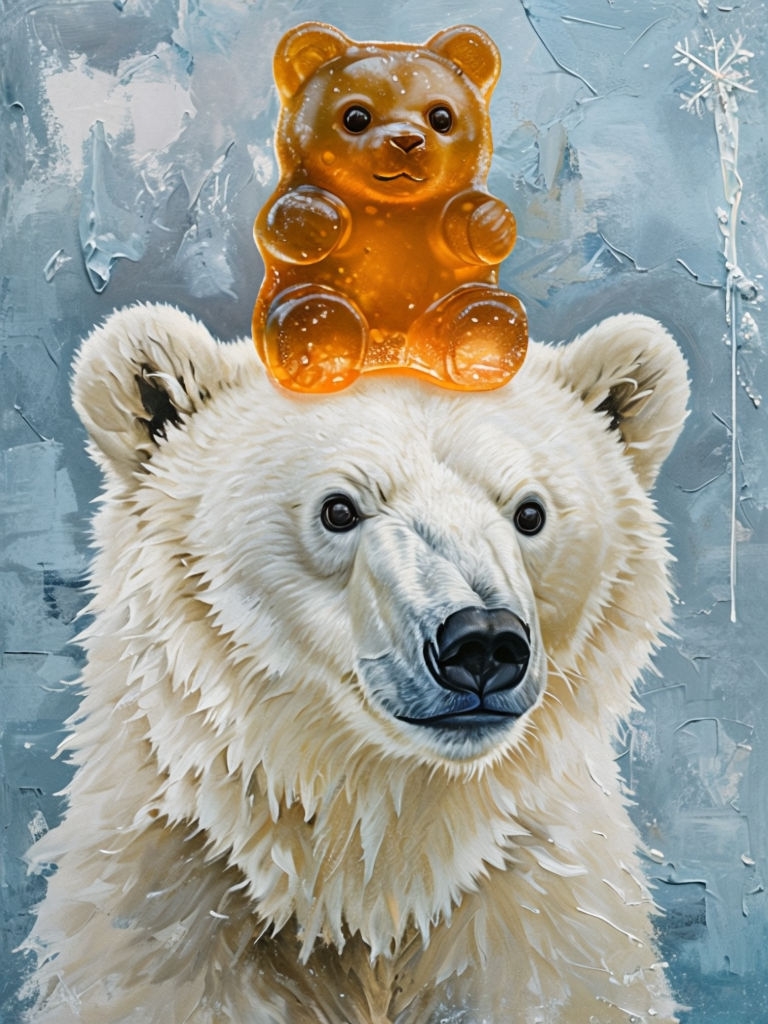 Charming Polar Bear Cub with Gummy Bear Art Illustration