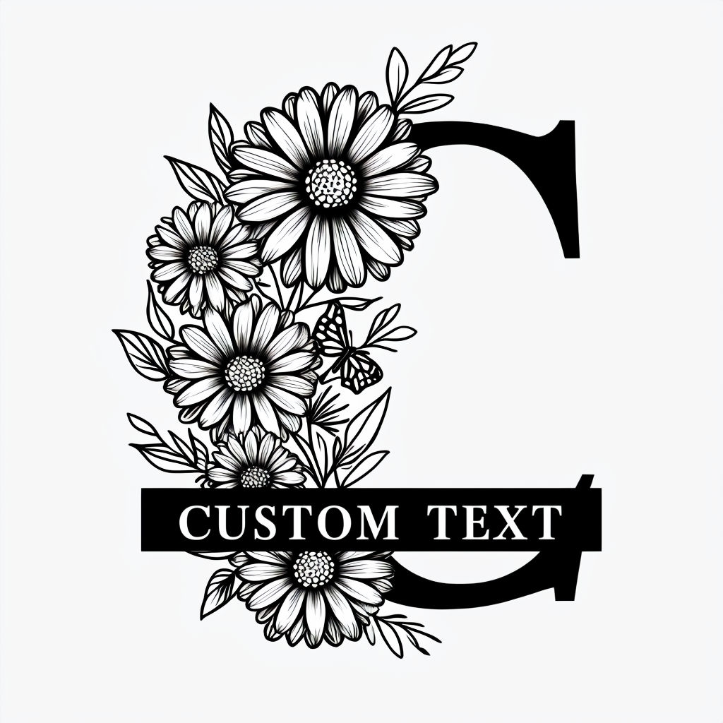Beautiful Black C Letter with Floral Design and Custom Text Monogram