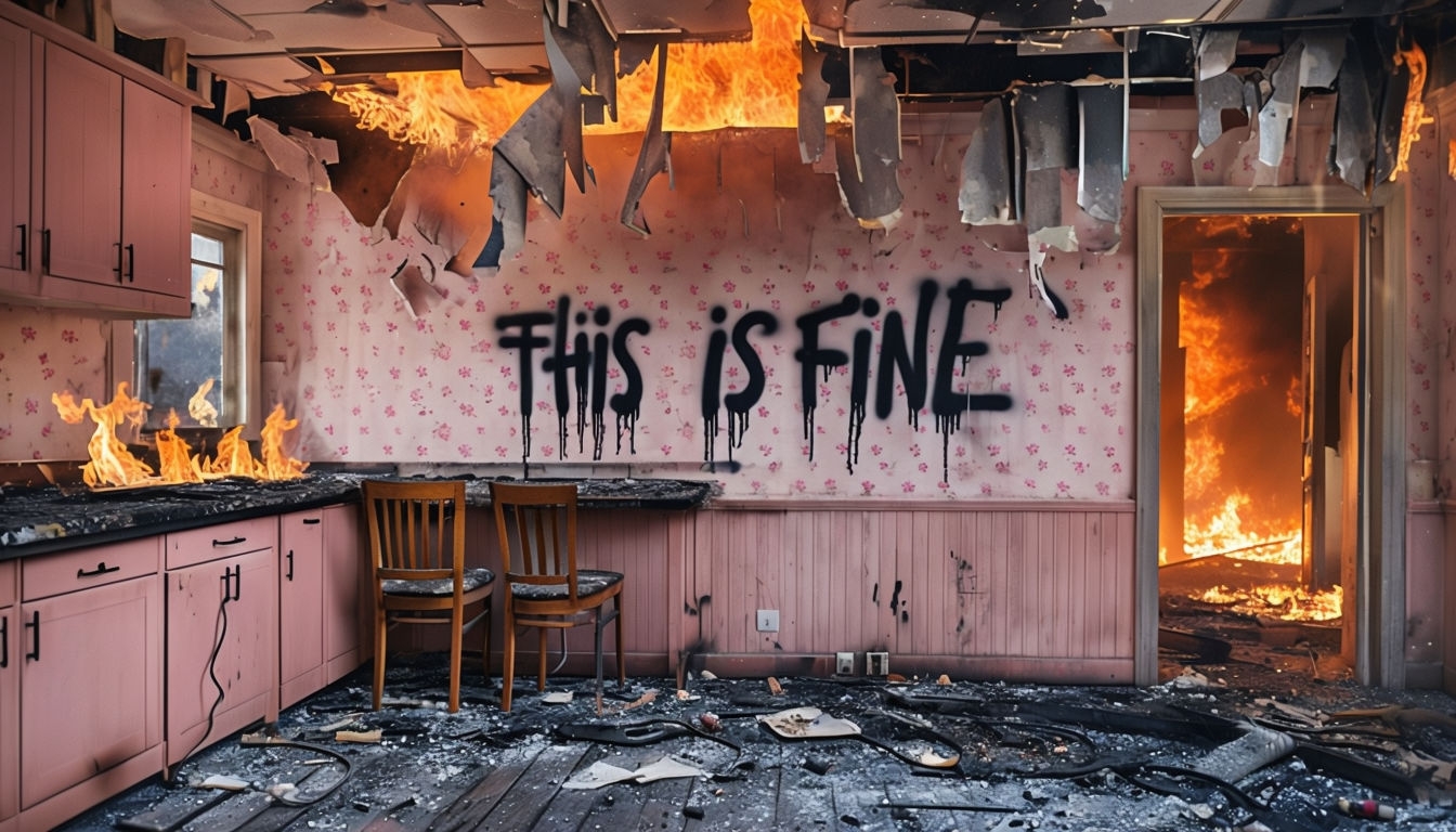 Chaotic Kitchen Fire with Graffiti 'This is Fine' Background Virtual Backgrounds