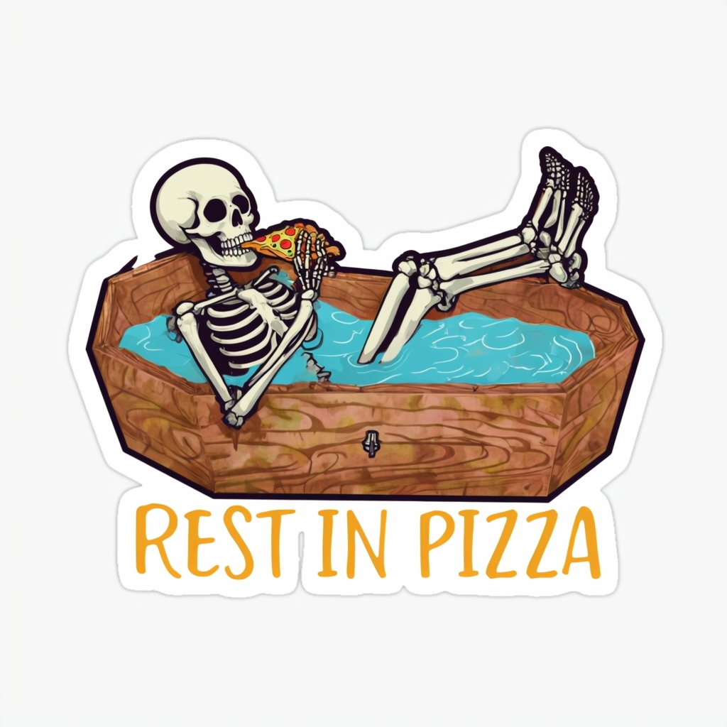 Skeleton Relaxing with Pizza Cartoon Sticker