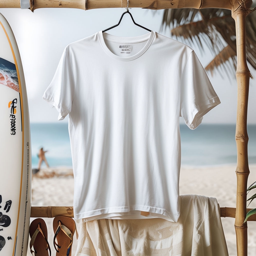 Coastal Lifestyle White T-Shirt Mockup with Surfboard