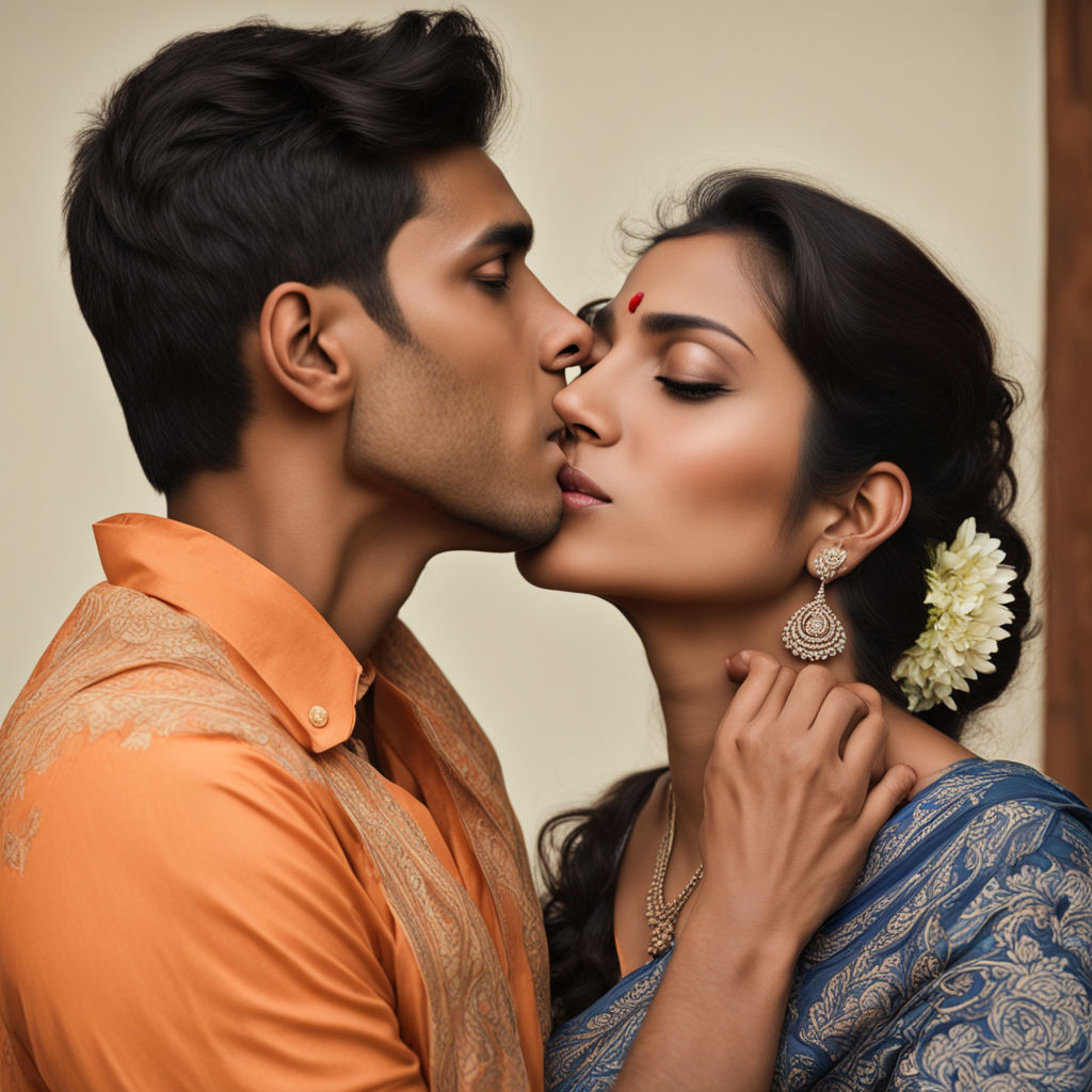 an young indian newly married couple kissing