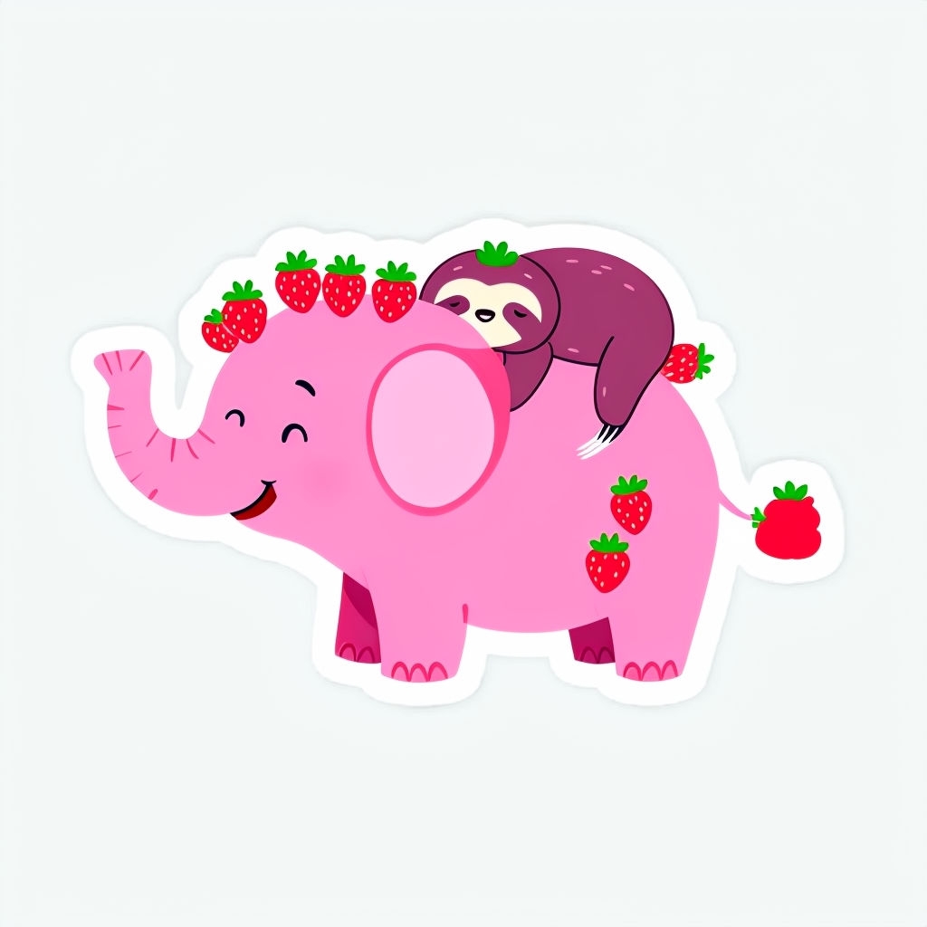 Cute Pink Elephant and Sloth Fun Illustration Sticker