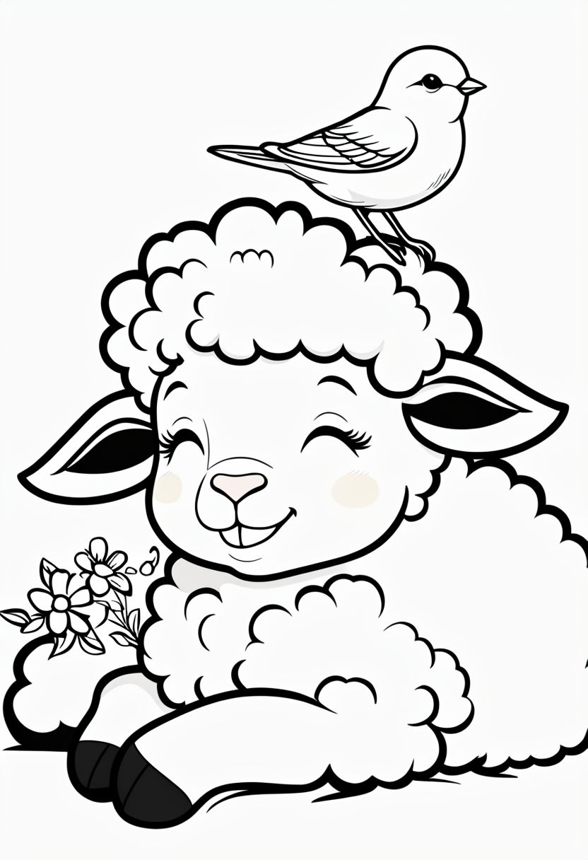 Cheerful Lamb with Bird and Floral Wreath Coloring Page