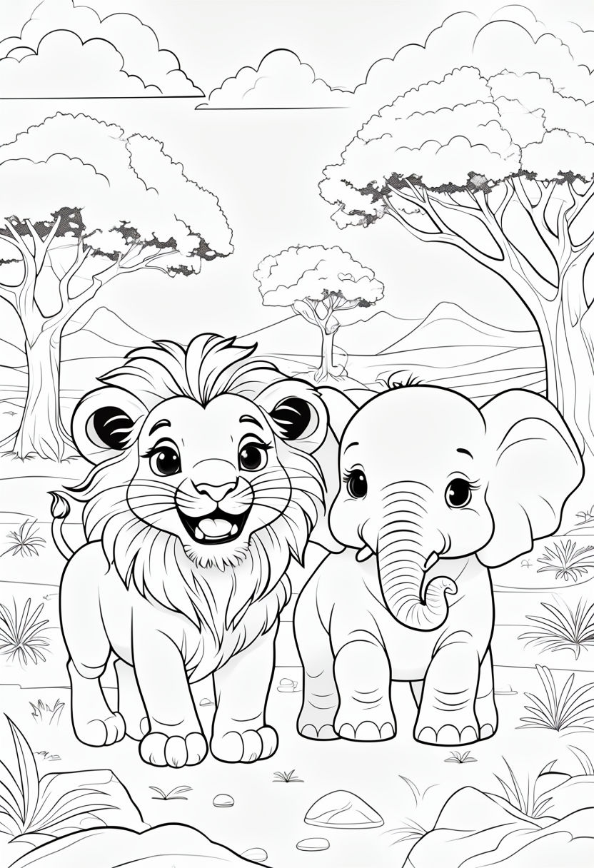 Cheerful Lion Cub and Elephant Calf Coloring Page Design