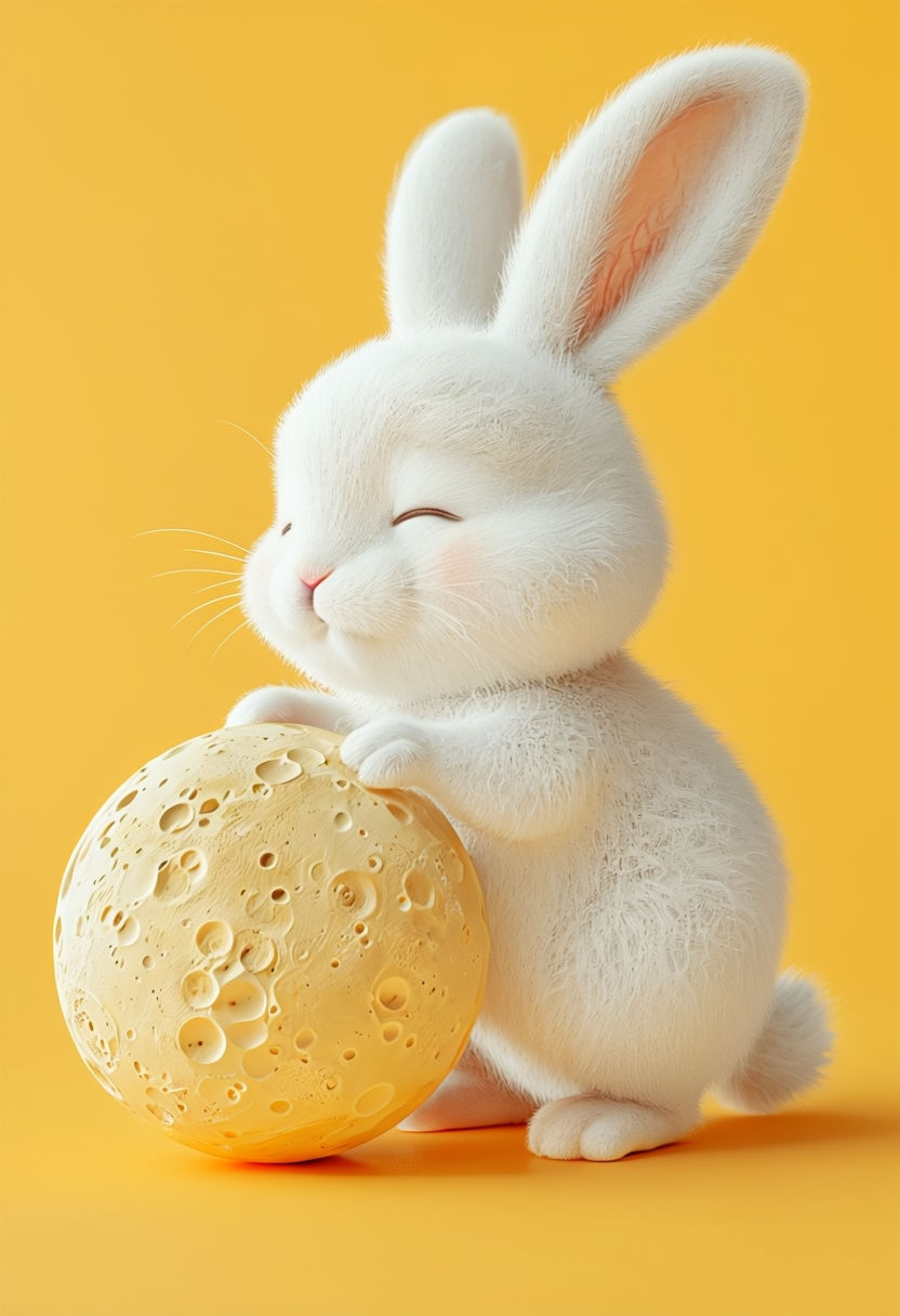 Cute 3D Rendered White Bunny Holding Moon Textured Yellow Object Art