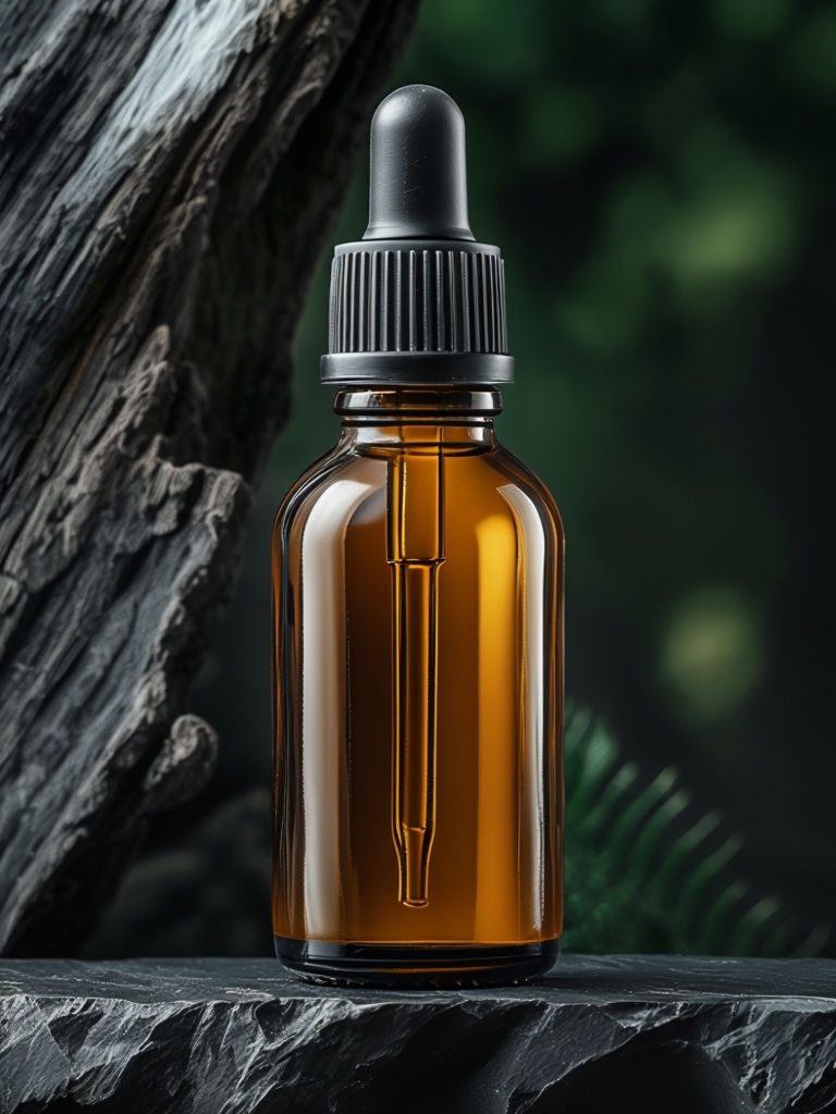 Elegant Amber Beard Oil Bottle Mockup on Dark Slate Background Mockup
