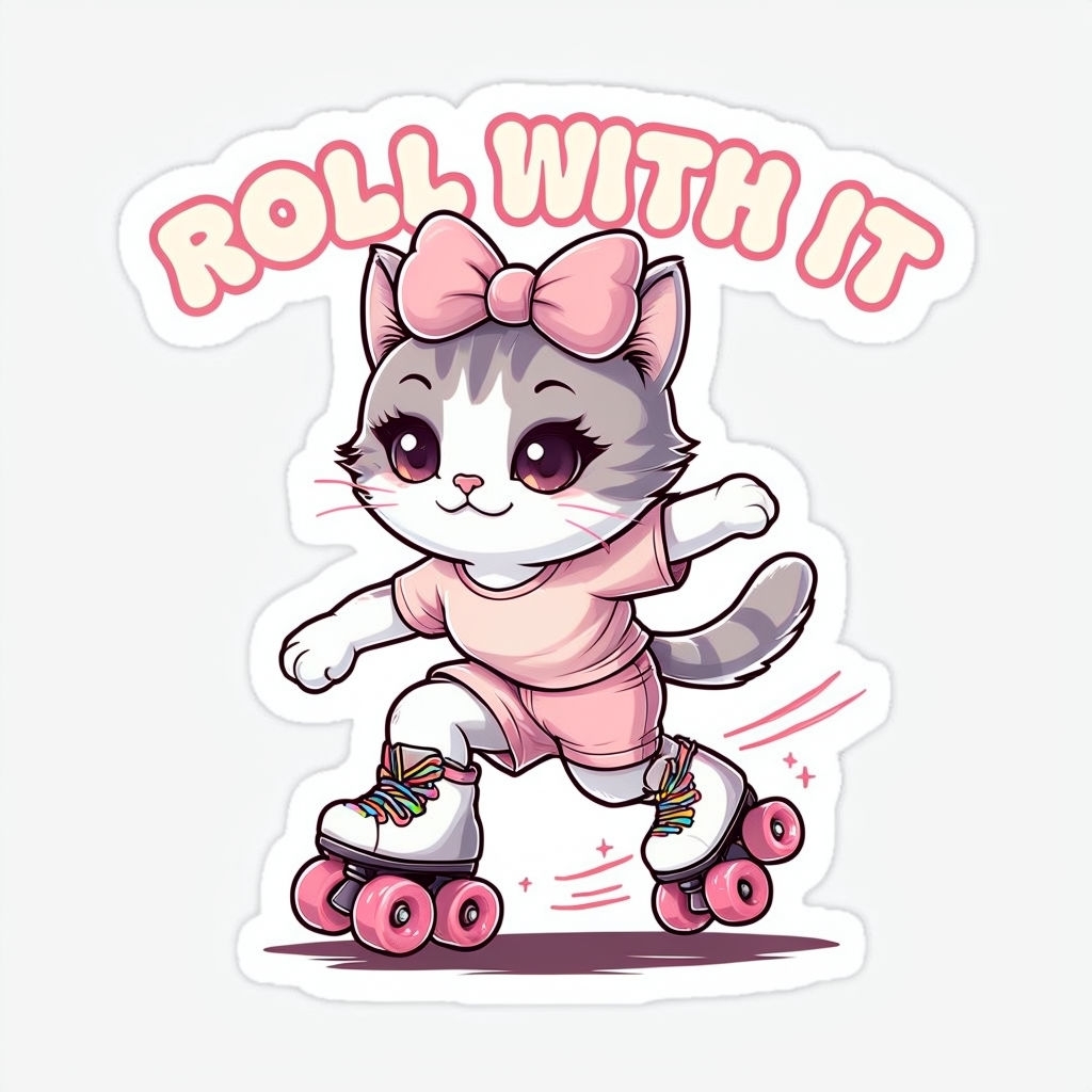 Energetic Cartoon Cat Roller Skating 'ROLL WITH IT' Sticker