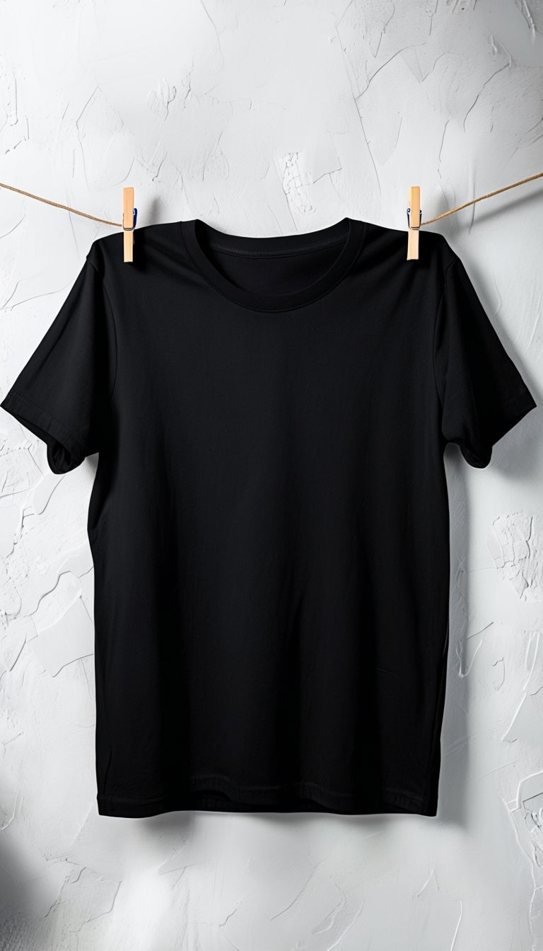 Black T-Shirt Mockup on Clothesline Against Textured Wall