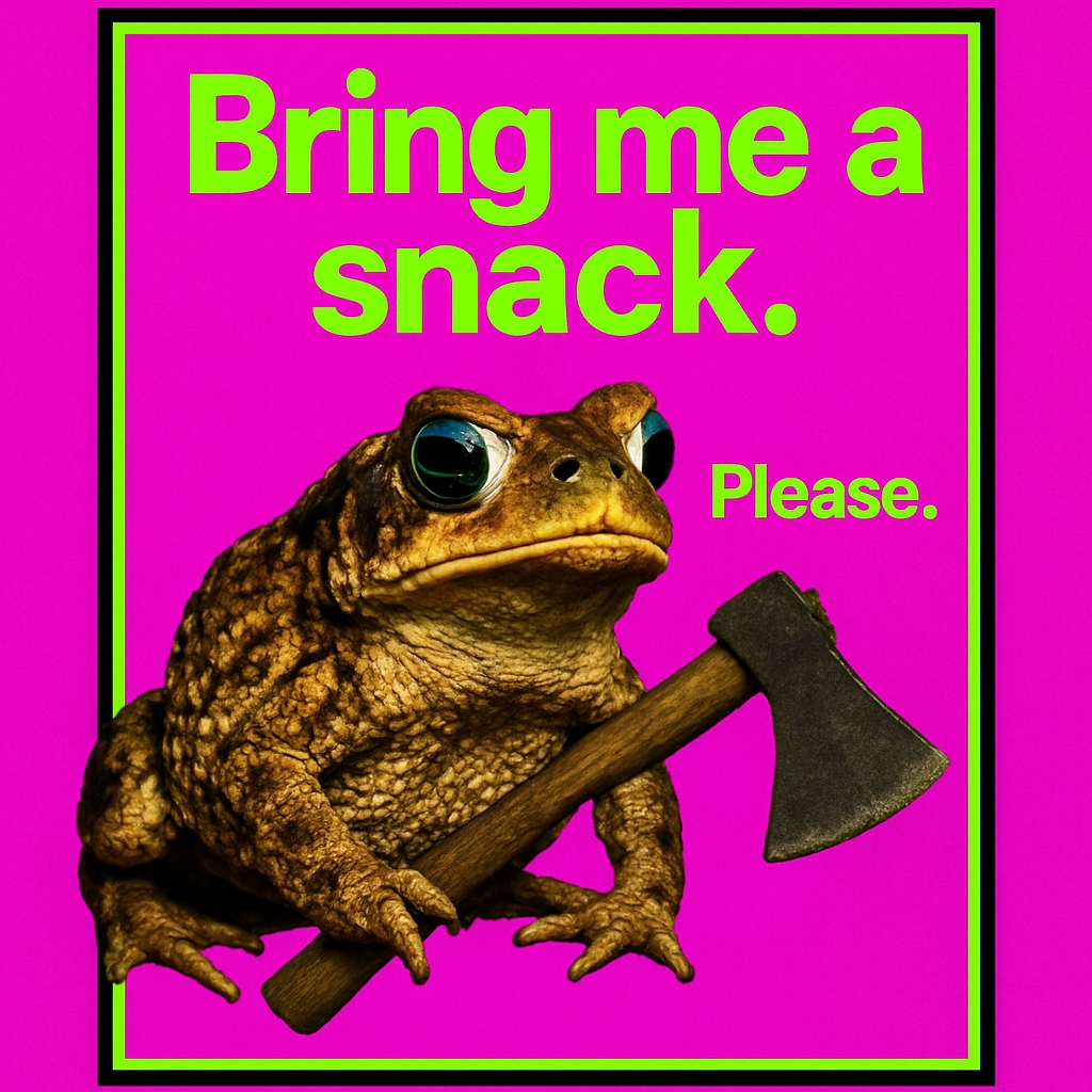 Funny Toad Holding Axe with 'Bring Me a Snack' Text Meme