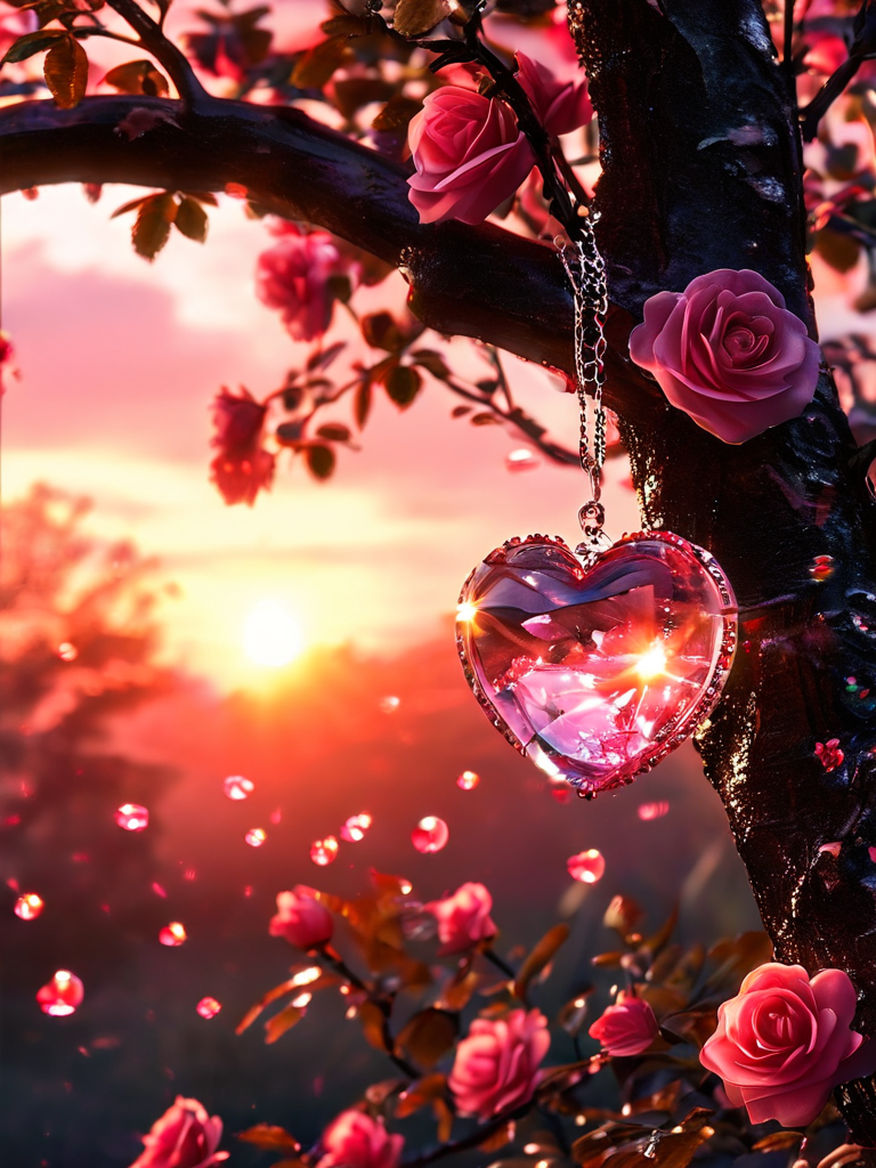 (Transparent crystal heart with pink roses,pearls,sequins inside, hanging on a chain on a tree, lol fairy flying nearby, red sunset background.) author Greg Rutkowski, digital watercolor, clear shot, Canon lens, 9k resolution,masterpiece,art trends:1.5