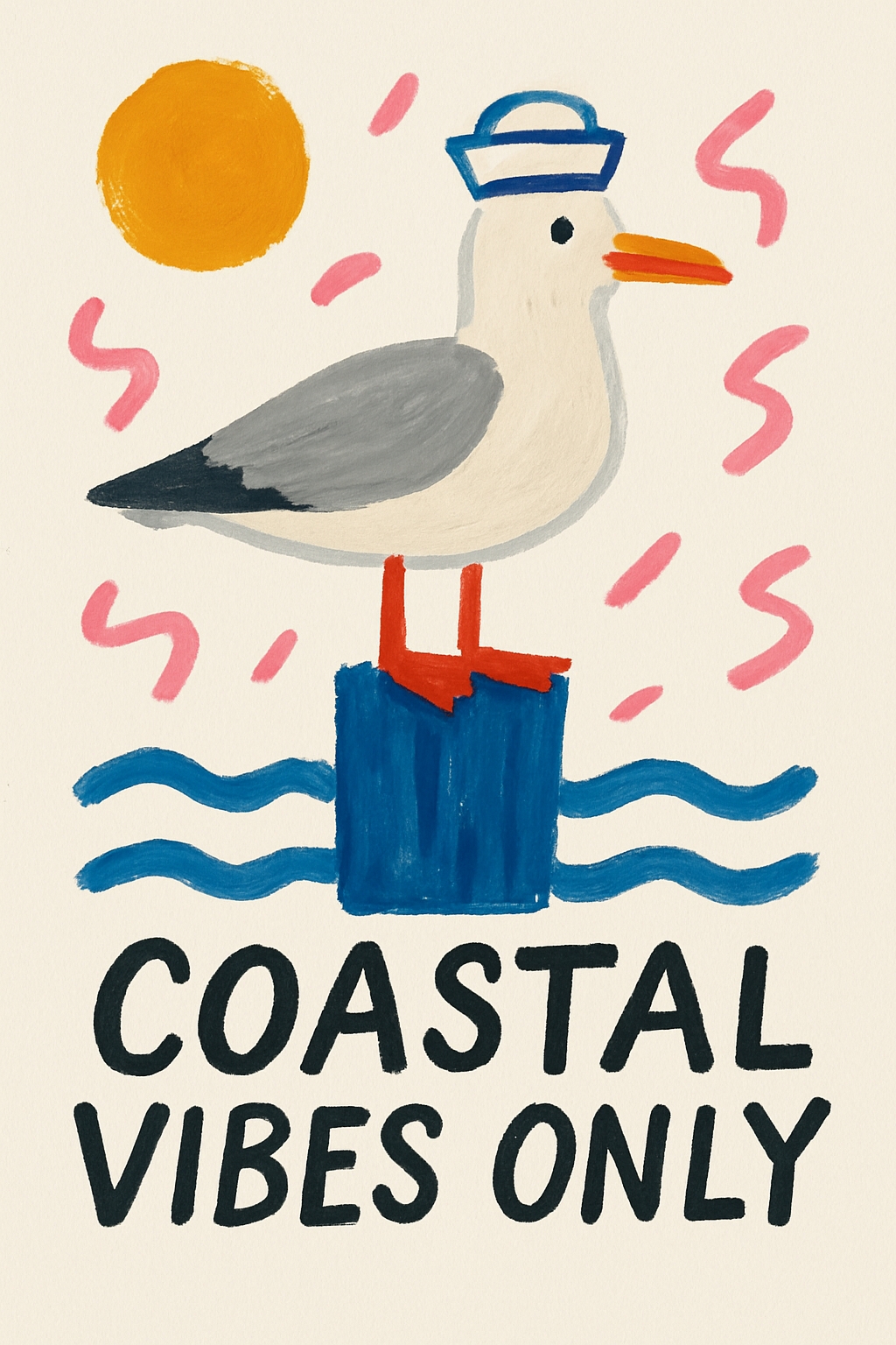 Whimsical Seagull Coastal Vibes Only Cartoon Illustration Poster